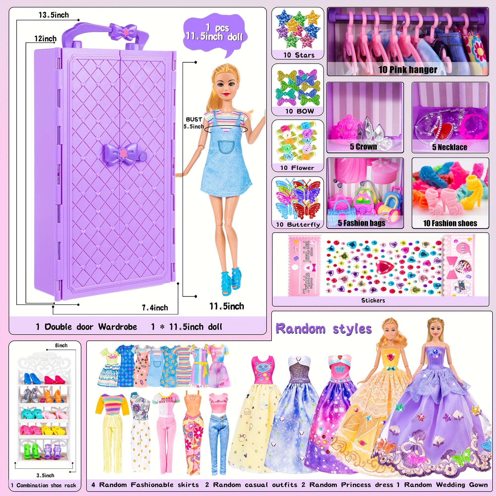 91 pi¨¨ces de mode pour poup¨¦e de 11.5 pouces avec accessoires et placard, robes de princesse, robes ¨¤ la mode, tenues, maillots de bain, chaussures, cintres, jouets d'habillage de poup¨¦e pour filles enfants tout-petits cadeaux de jouets