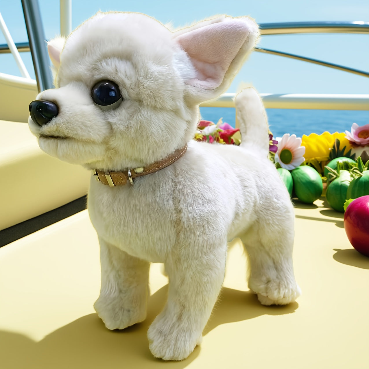 Jouet en peluche Chihuahua beige de 10 pouces avec col dor¨¦ - Chien en peluche en polyester adorable pour la maison, le bureau ou comme cadeau d¨¦coratif, parfait pour Paques et No?l, article cadeau festif | Design de chien joueur | Texture douce