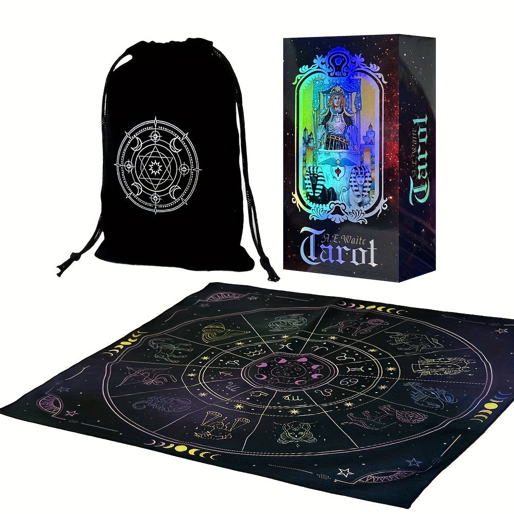 Jeu de Tarot, Ensemble de 78 Cartes Classiques avec Guide, Tapis de Constellation pour Autel et Pendule, Sac de Rangement Portable pour Cartes, Jouet de Divination Holographique pour D¨¦butants et Lecteurs Experts (3pcs)