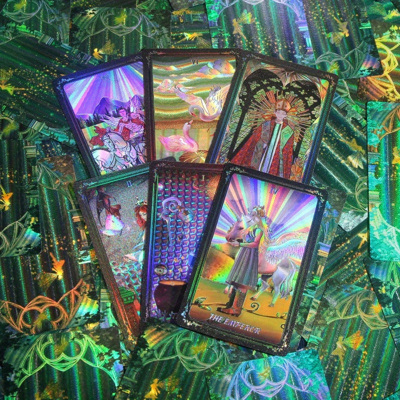 Jeu de cartes de tarot Shuttle Mirror avec guide - 78 cartes de taille standard de tarot - Cartes laser dor¨¦es, imperm¨¦ables et r¨¦sistantes ¨¤ la flexion