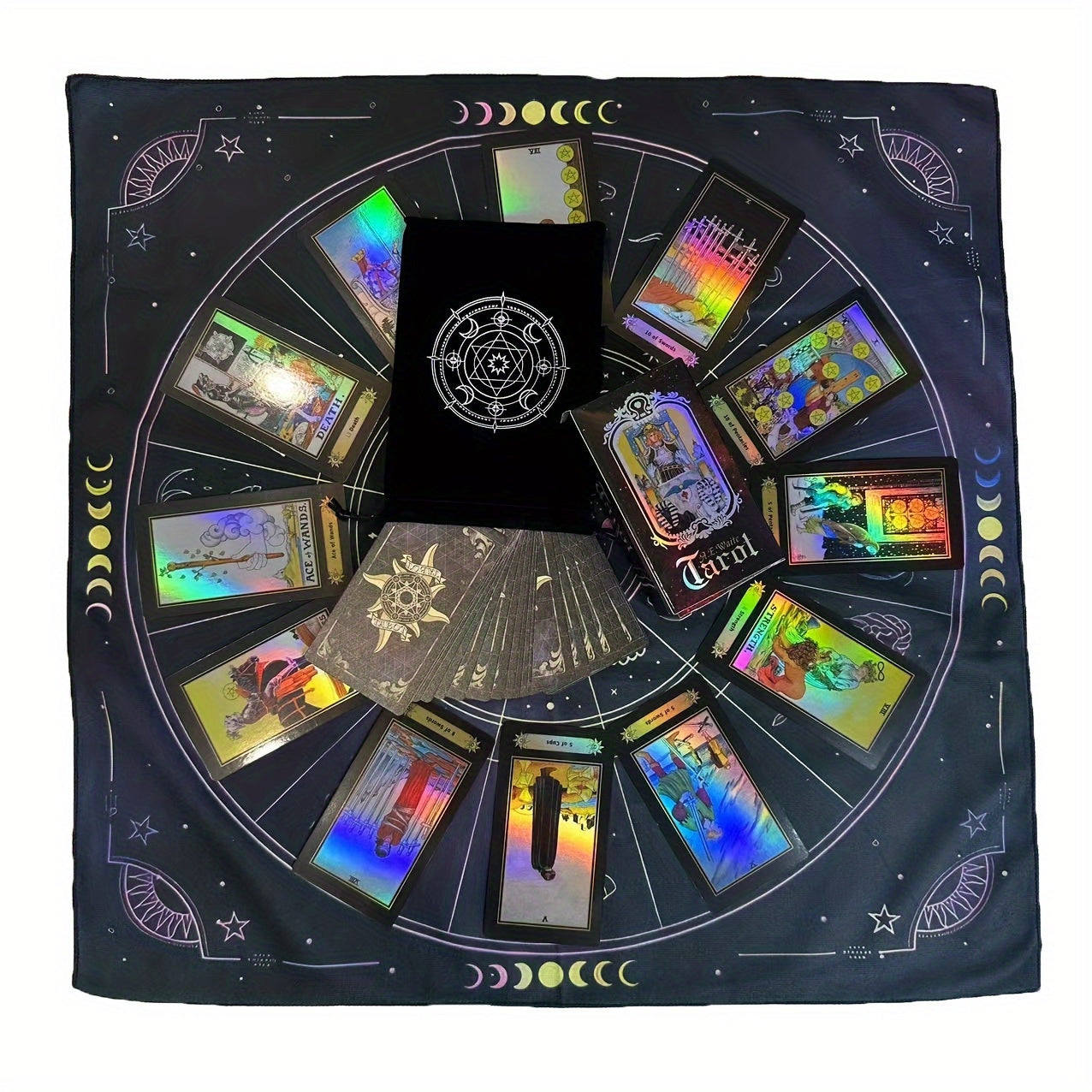 Jeu de Tarot, Ensemble de 78 Cartes Classiques avec Guide, Tapis de Constellation pour Autel et Pendule, Sac de Rangement Portable pour Cartes, Jouet de Divination Holographique pour D¨¦butants et Lecteurs Experts (3pcs)