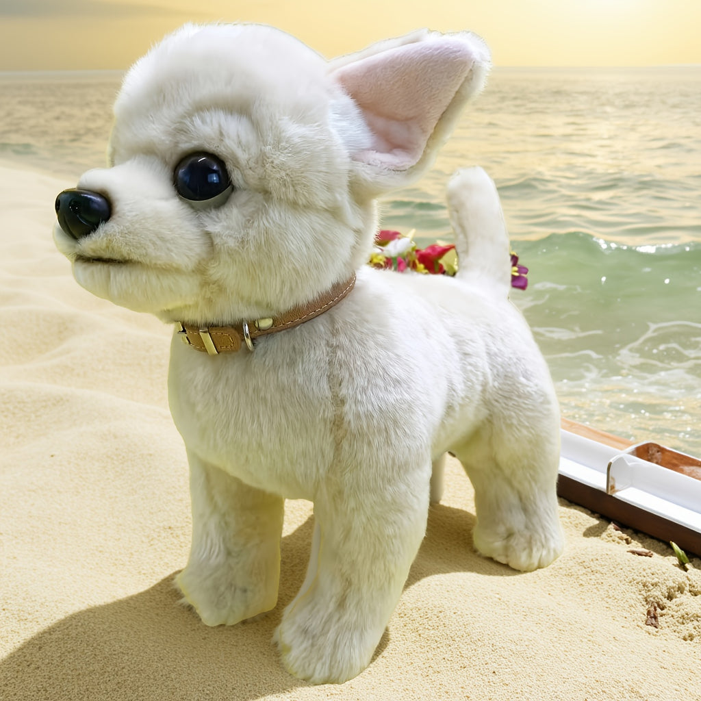 Jouet en peluche Chihuahua beige de 10 pouces avec col dor¨¦ - Chien en peluche en polyester adorable pour la maison, le bureau ou comme cadeau d¨¦coratif, parfait pour Paques et No?l, article cadeau festif | Design de chien joueur | Texture douce