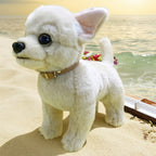 Jouet en peluche Chihuahua beige de 10 pouces avec col dor¨¦ - Chien en peluche en polyester adorable pour la maison, le bureau ou comme cadeau d¨¦coratif, parfait pour Paques et No?l, article cadeau festif | Design de chien joueur | Texture douce