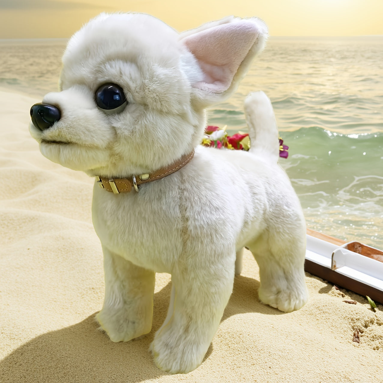 Jouet en peluche Chihuahua beige de 10 pouces avec col dor¨¦ - Chien en peluche en polyester adorable pour la maison, le bureau ou comme cadeau d¨¦coratif, parfait pour Paques et No?l, article cadeau festif | Design de chien joueur | Texture douce