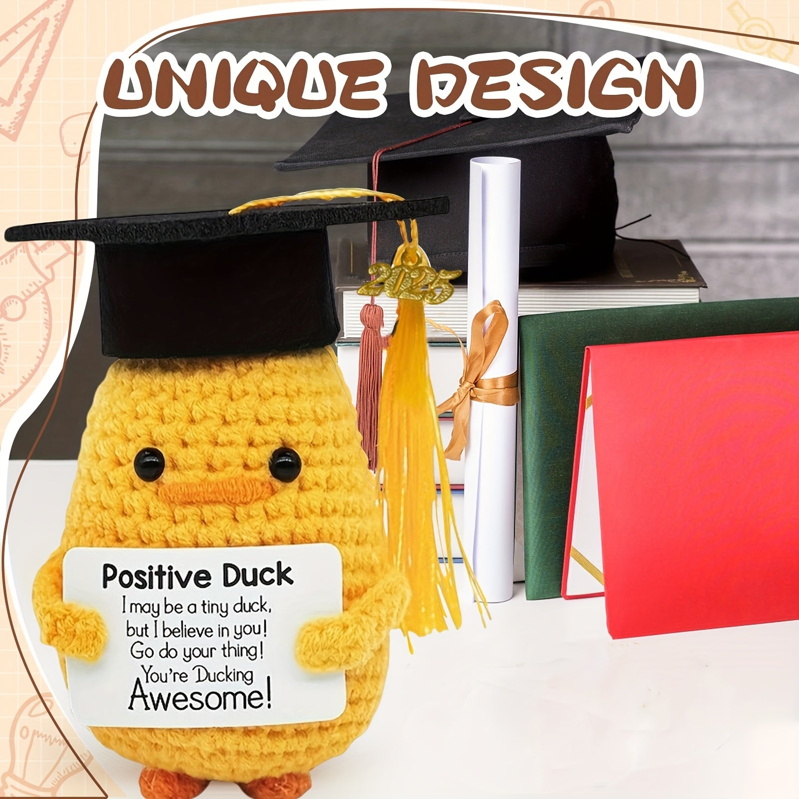 2025 Cadeau de Dipl?mation - Canard Mignon avec Toque et Carte, Pr¨¦sent Unique Tiss¨¦ ¨¤ la Main Parfait pour les ¨¦tudiantes Universitaires, Id¨¦al pour les F¨ºtes de Remise des Dipl?mes