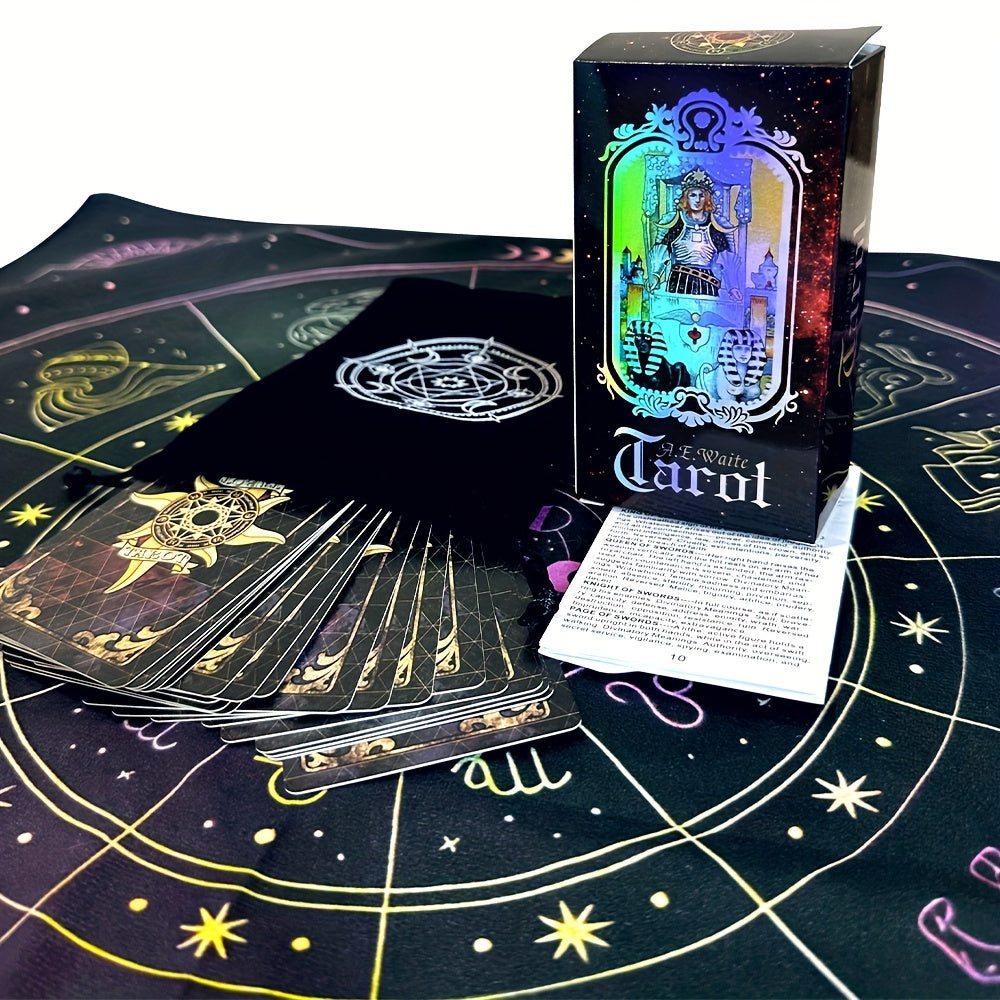 Jeu de Tarot, Ensemble de 78 Cartes Classiques avec Guide, Tapis de Constellation pour Autel et Pendule, Sac de Rangement Portable pour Cartes, Jouet de Divination Holographique pour D¨¦butants et Lecteurs Experts (3pcs)