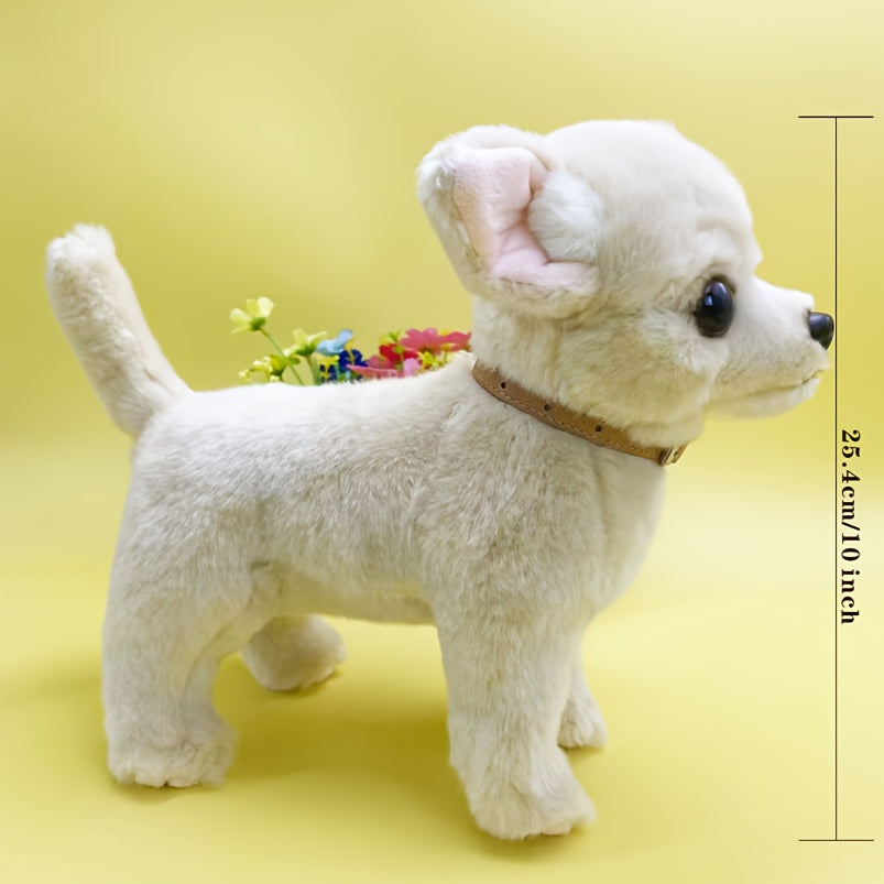 Jouet en peluche Chihuahua beige de 10 pouces avec col dor¨¦ - Chien en peluche en polyester adorable pour la maison, le bureau ou comme cadeau d¨¦coratif, parfait pour Paques et No?l, article cadeau festif | Design de chien joueur | Texture douce