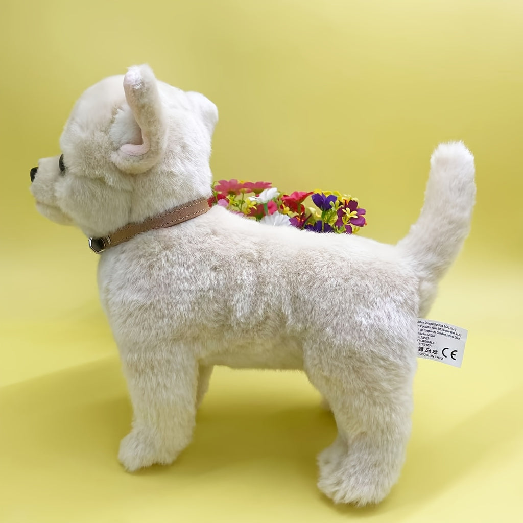Jouet en peluche Chihuahua beige de 10 pouces avec col dor¨¦ - Chien en peluche en polyester adorable pour la maison, le bureau ou comme cadeau d¨¦coratif, parfait pour Paques et No?l, article cadeau festif | Design de chien joueur | Texture douce