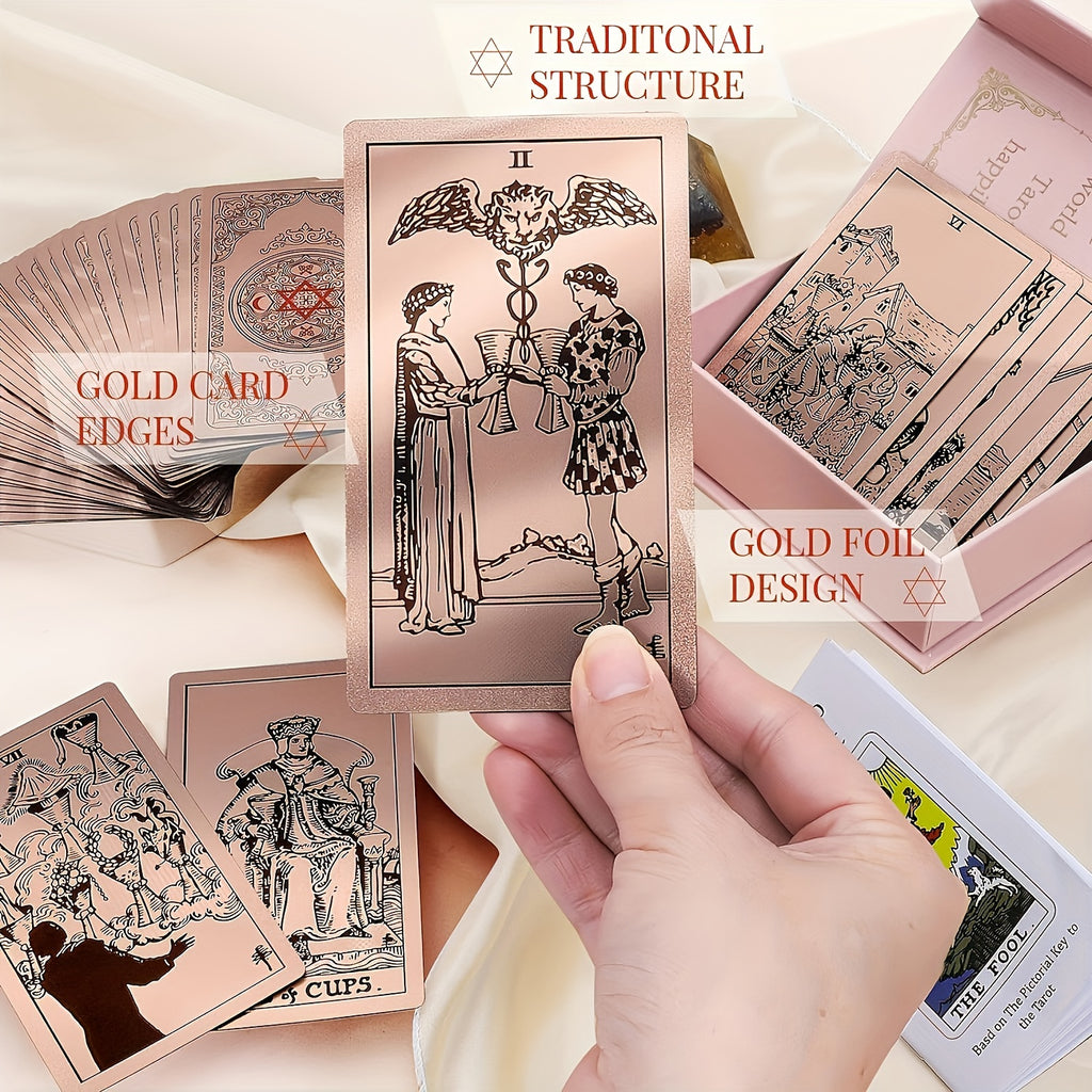 Cartes de Tarot Dor¨¦ Rose - 78pcs Taille Standard, ¨¦tanches & R¨¦sistantes aux Plis, Jeu PET avec Guide pour D¨¦butants et Experts