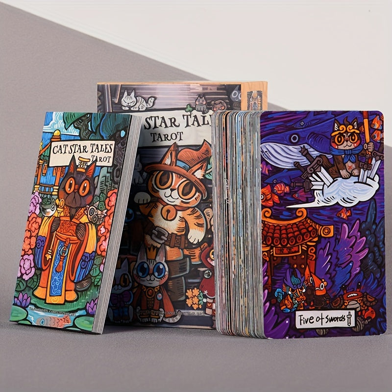KEPNOY Cat Star Tales Tarot Deck, 78 cartes de taille standard, cartes de fortune en papier pour les jeux de f¨ºte, Halloween, Thanksgiving, cadeau de No?l, illustrations enchantantes