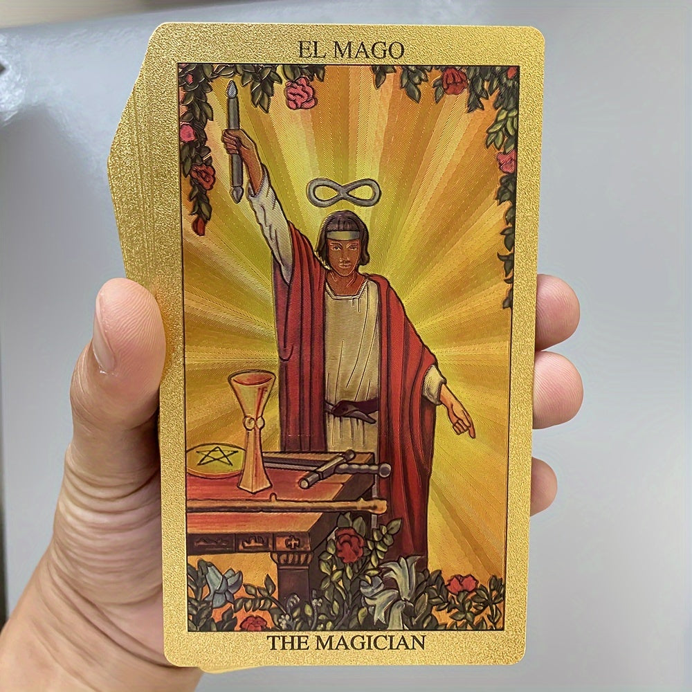 Cartes de divination de tarot pour d¨¦butants, feuille d'or en espagnol et en anglais, 4,72x2,76 pouces, avec guide en 2 langues, cartes de tarot